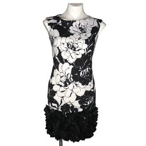 Donna Ricco Sleeveless Black and White Floral Print Ruffled Bottom Sheath Dress